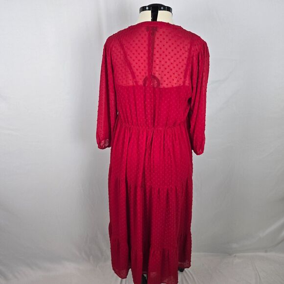 Torrid Dress Women's 0X 12 Red Midi Dot Chiffon Cottagecore Lagenlook 3/4 Sleeve - Picture 5 of 13